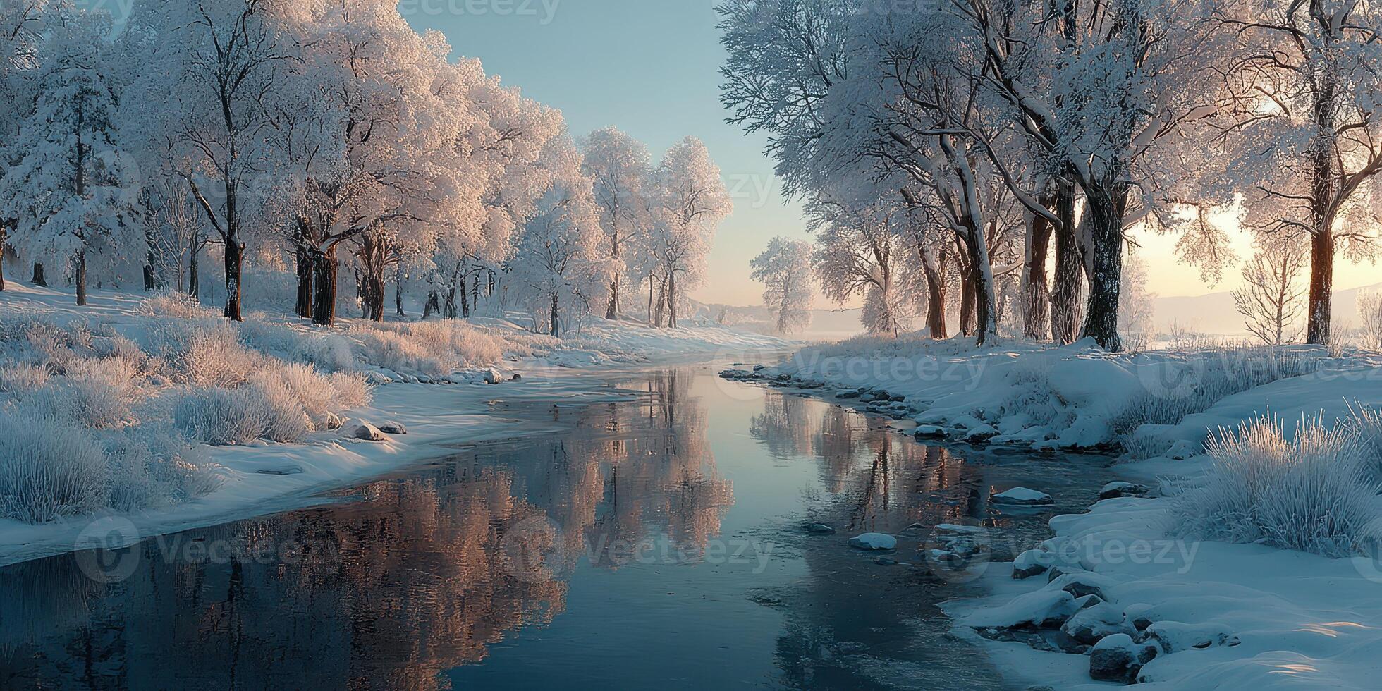 Winter landscape features frosted trees and a flowing river in a serene morning light photo