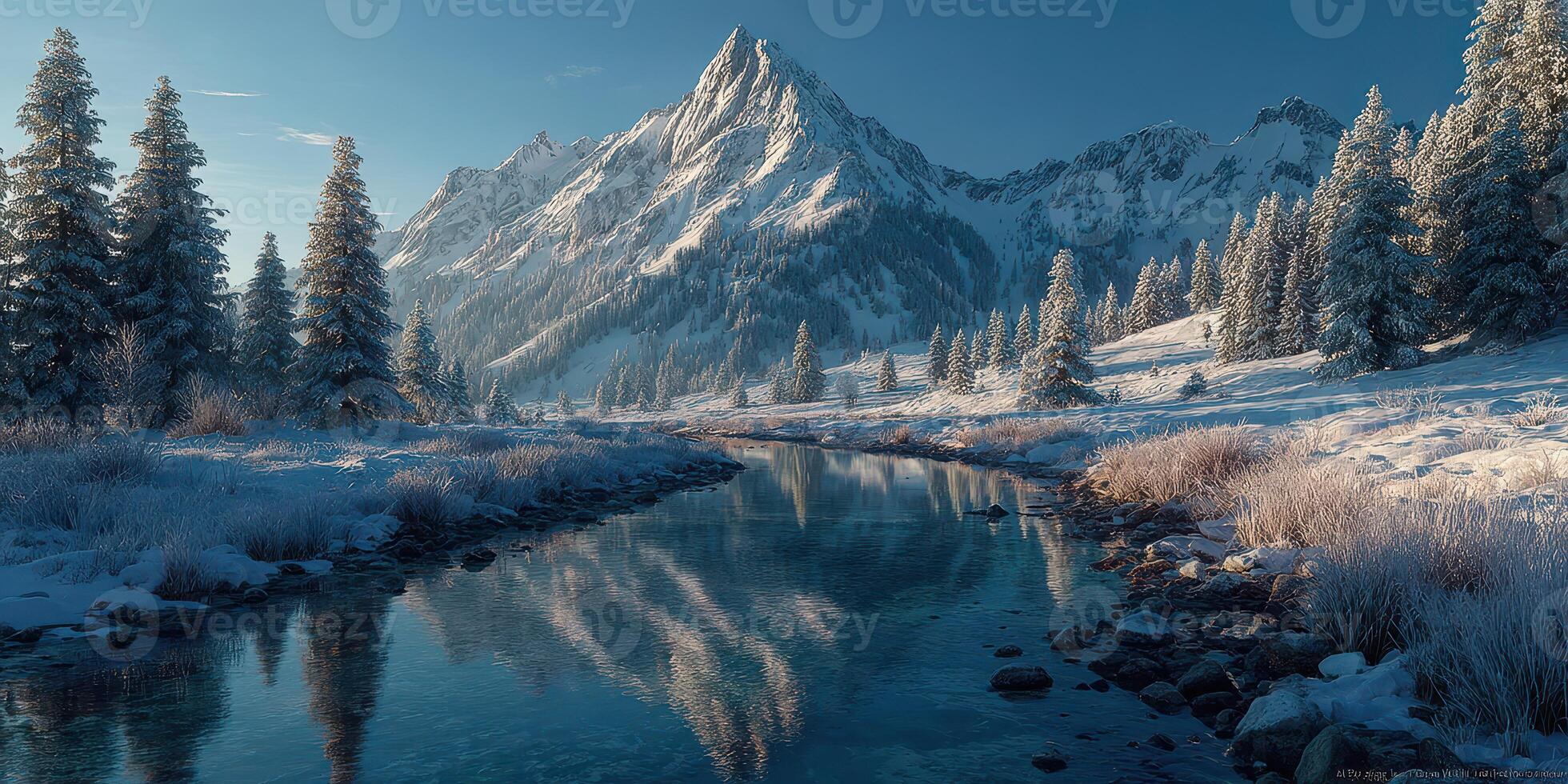 Scenic winter landscape with snow-covered mountains and a tranquil river reflecting the serene surroundings photo
