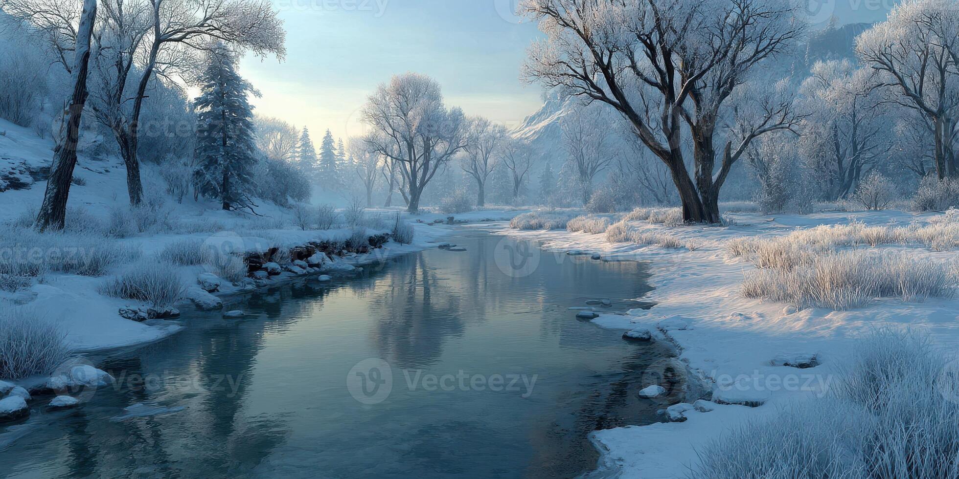 Winter landscape featuring a tranquil river surrounded by frosty trees and snow-covered terrain at dawn photo