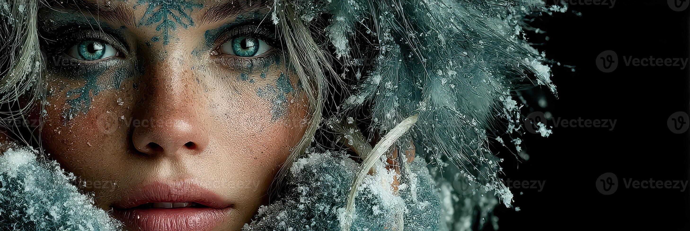 Winter portrait of a woman with frost and snowflakes in a cold and mystical atmosphere photo