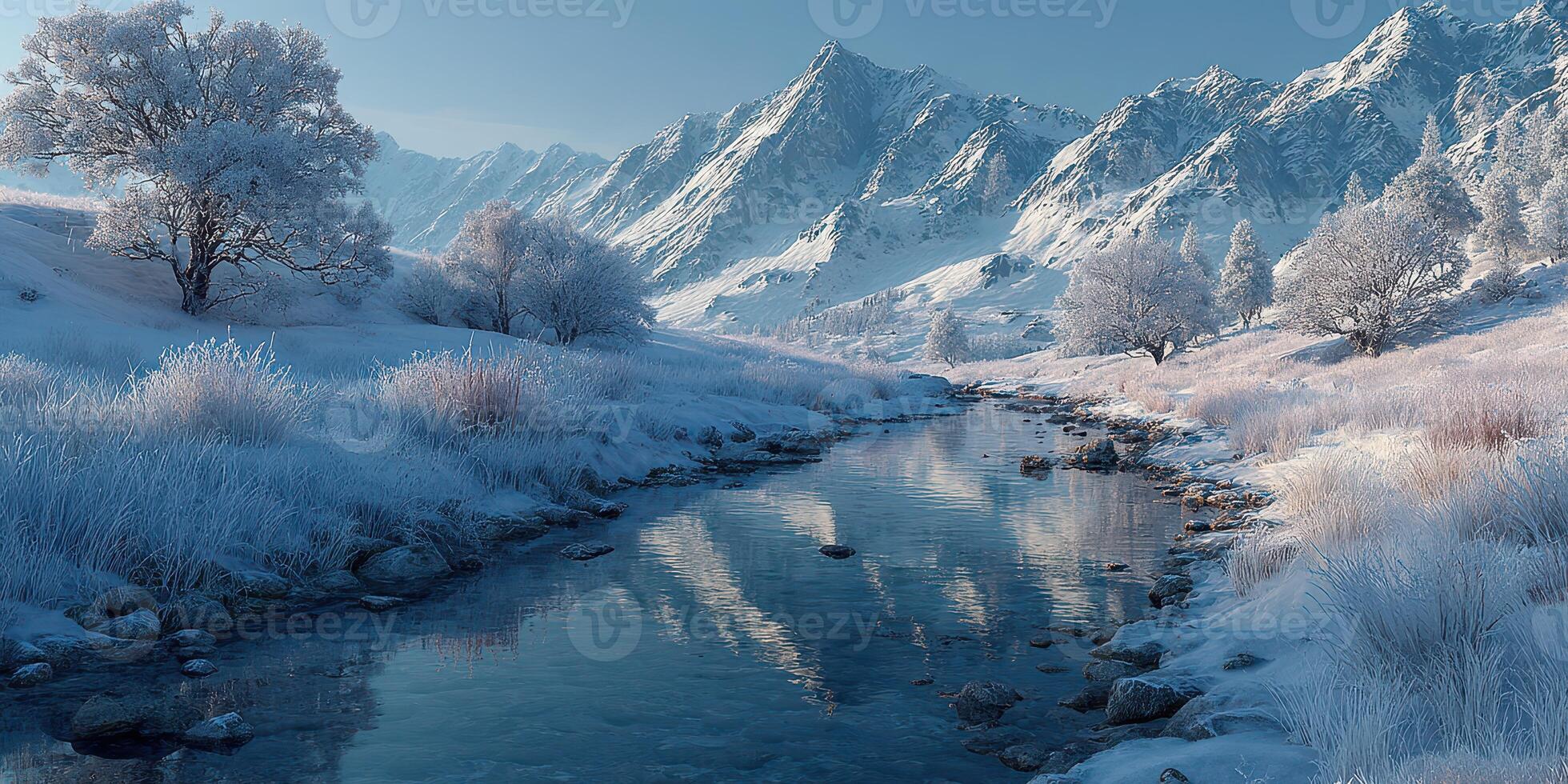 Snowy mountain landscape with a gently flowing river and frosted trees in winter light during the early morning hours photo