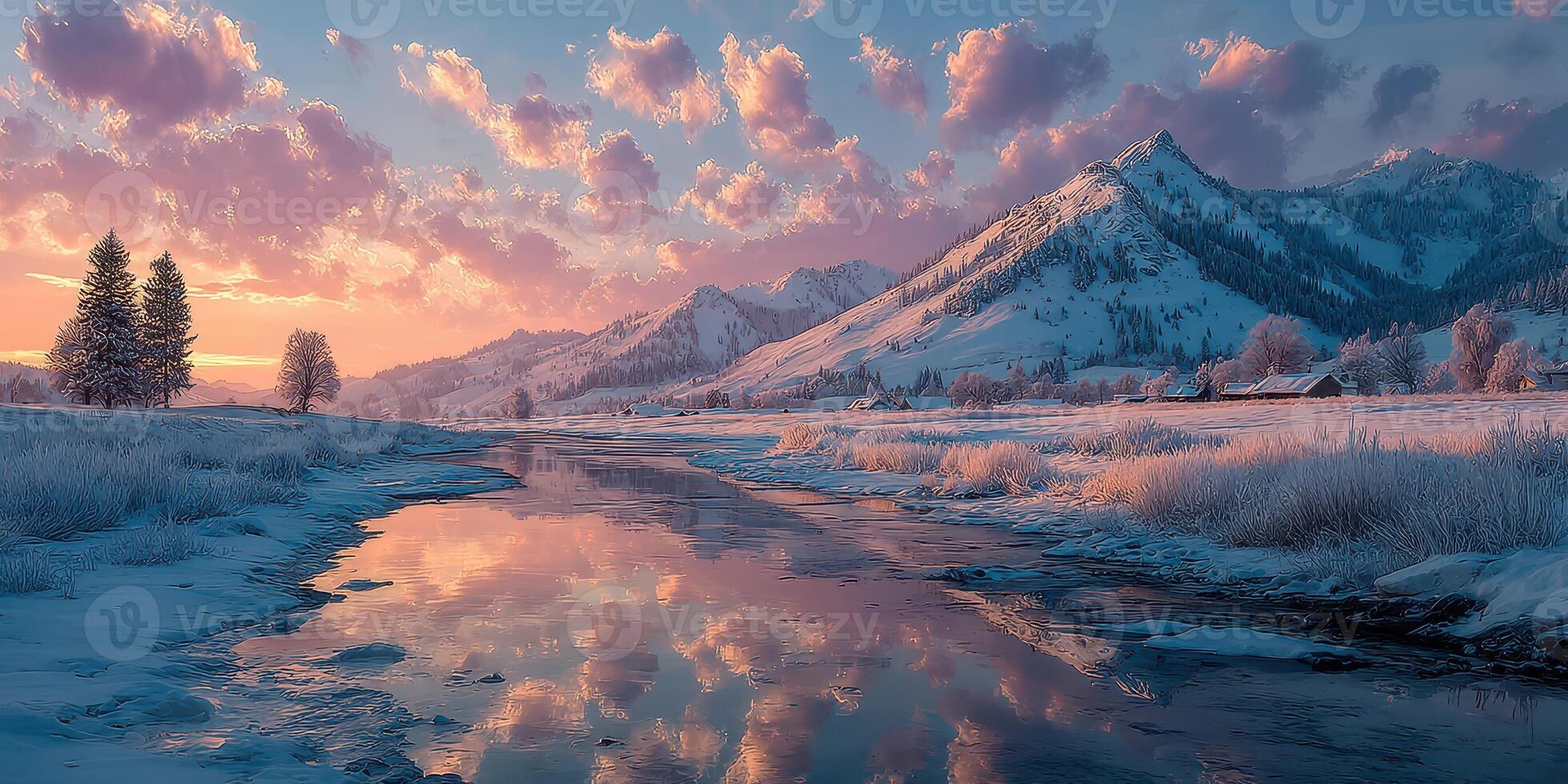Winter sunrise over shimmering river and snow-covered mountains in serene landscape photo