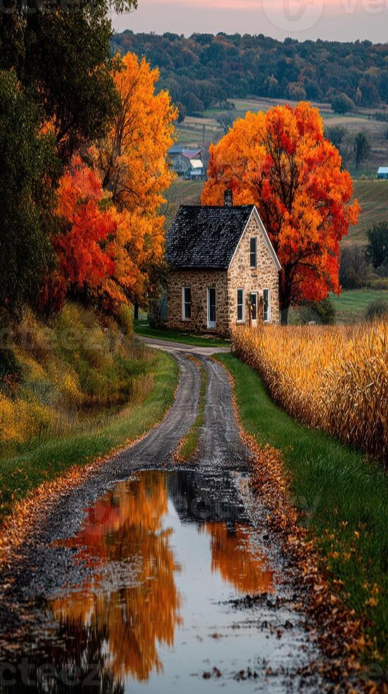Beautiful autumn landscape with a rustic stone house, vibrant trees, and a winding road in the countryside at sunset photo