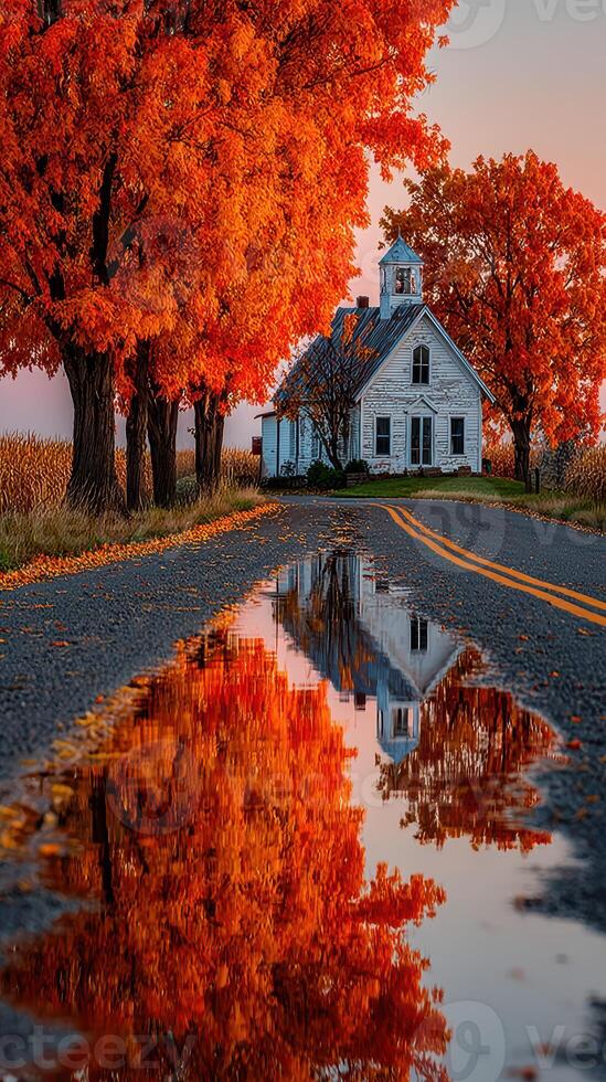 Vibrant autumn colors reflect in a calm puddle near a charming white house on a quiet rural road at sunset photo