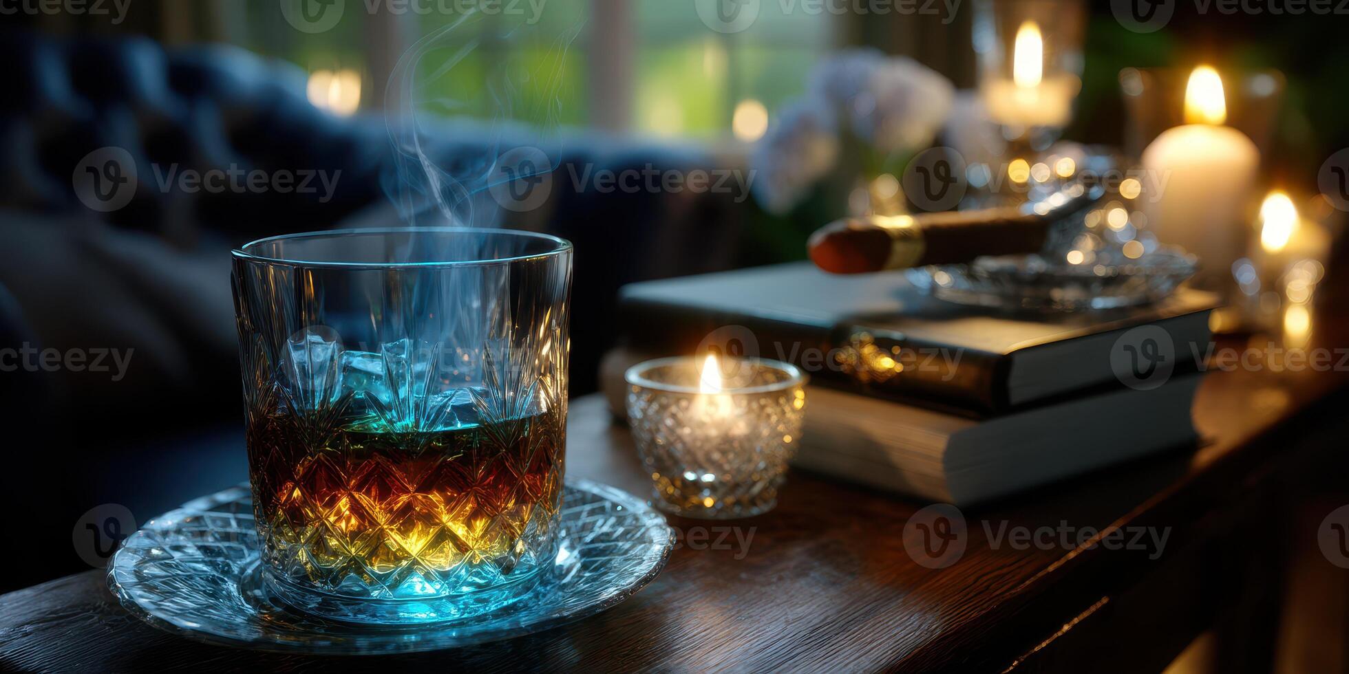 Relaxing evening with whiskey, cigars, and candlelight ambiance in a cozy living room setting photo