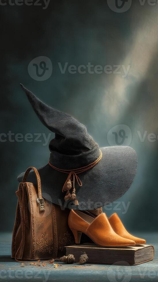 A creative arrangement of a witch hat, stylish shoes, handbag, and books on a dark surface with dramatic lighting photo