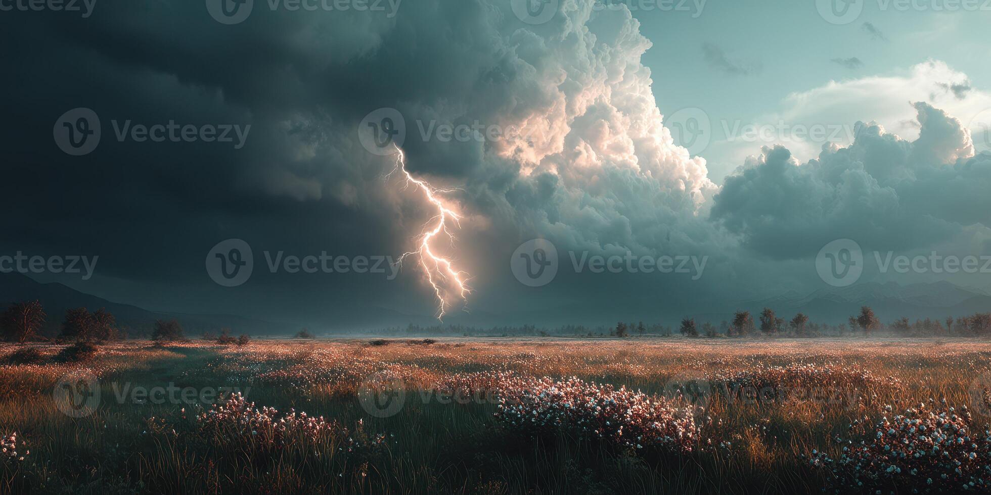 Dramatic lightning strikes over a tranquil meadow during an approaching storm at dusk photo