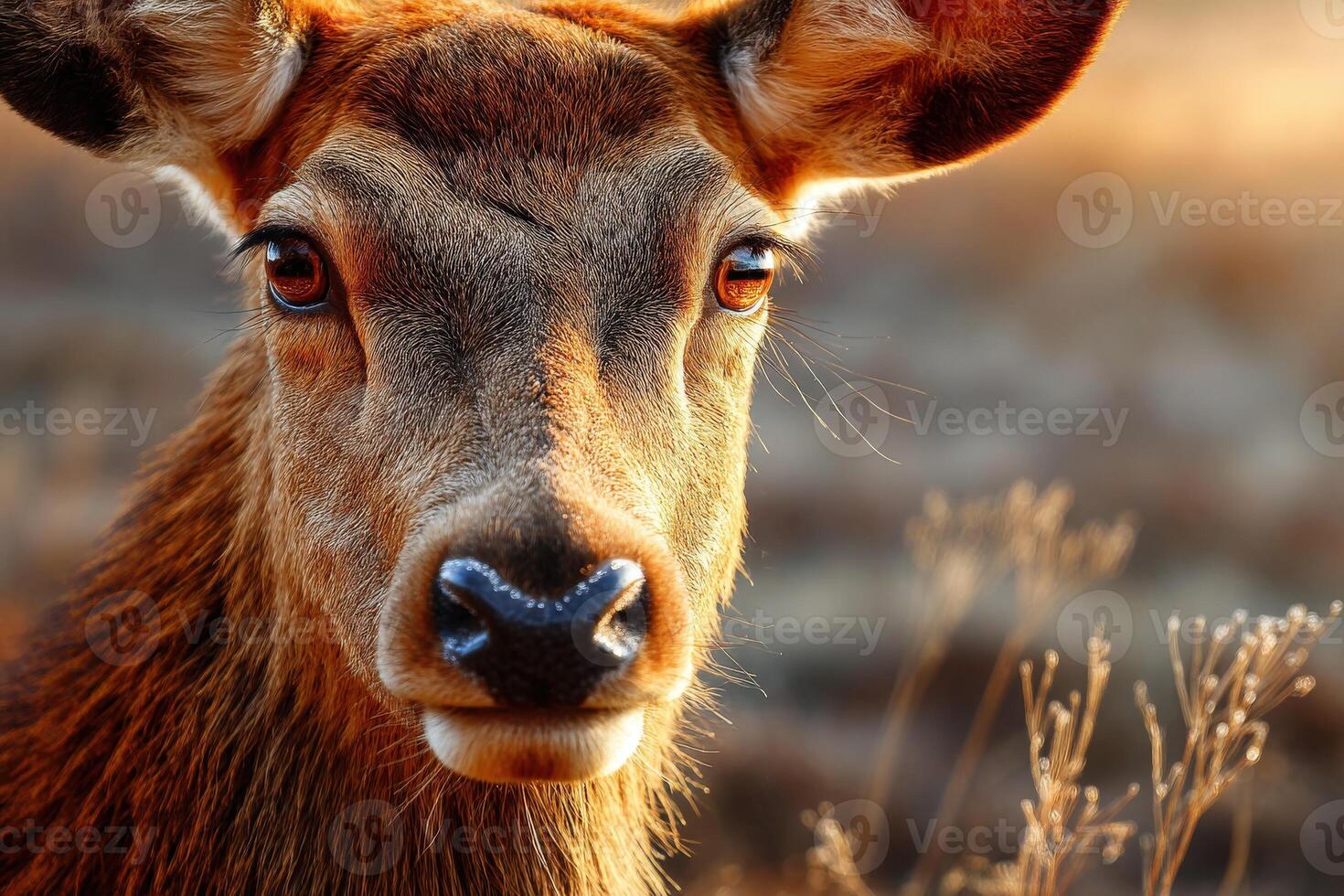 Close-up of a serene deer in golden grass during sunset near a forest photo