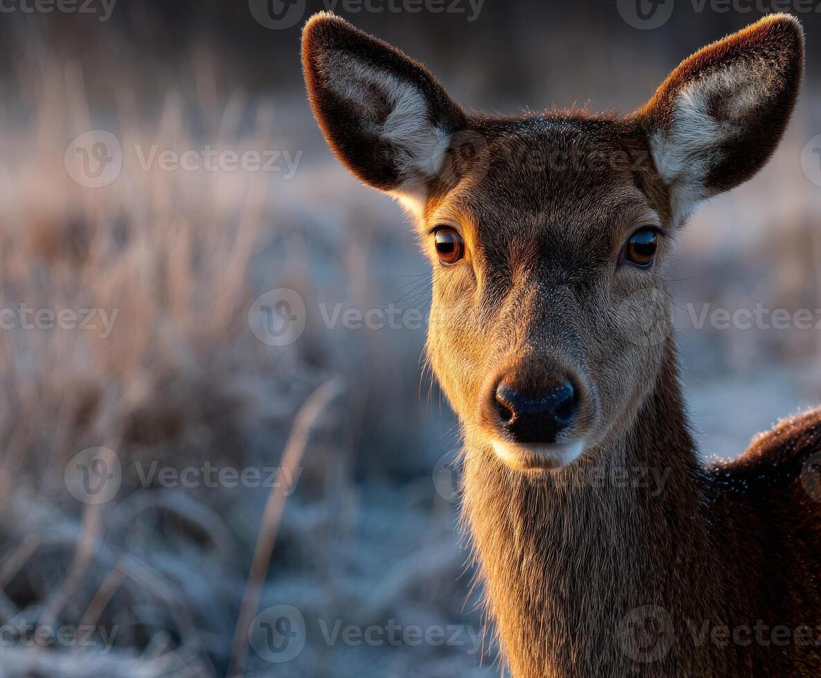Close-up of a curious deer in a frost-covered meadow at dawn photo