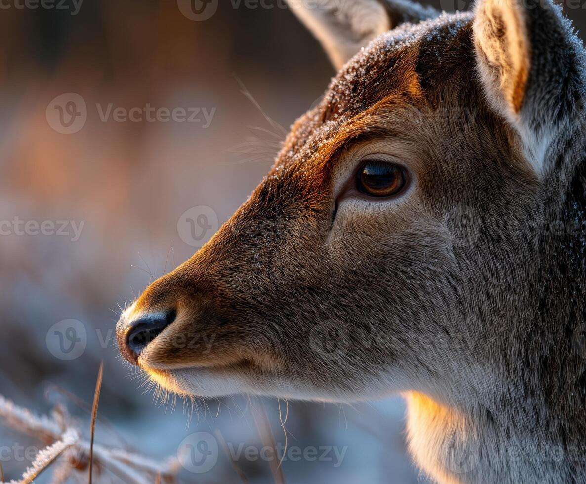 Close-up of a deer in a frosty forest during early morning light photo
