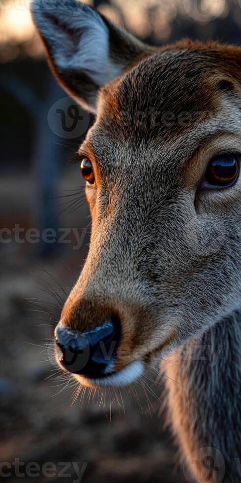 Close-up encounter with a deer in a forest at sunset photo