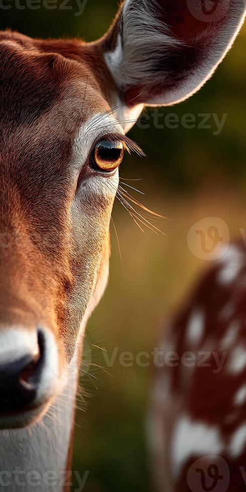 A close up of a deer's face with a blurry background photo
