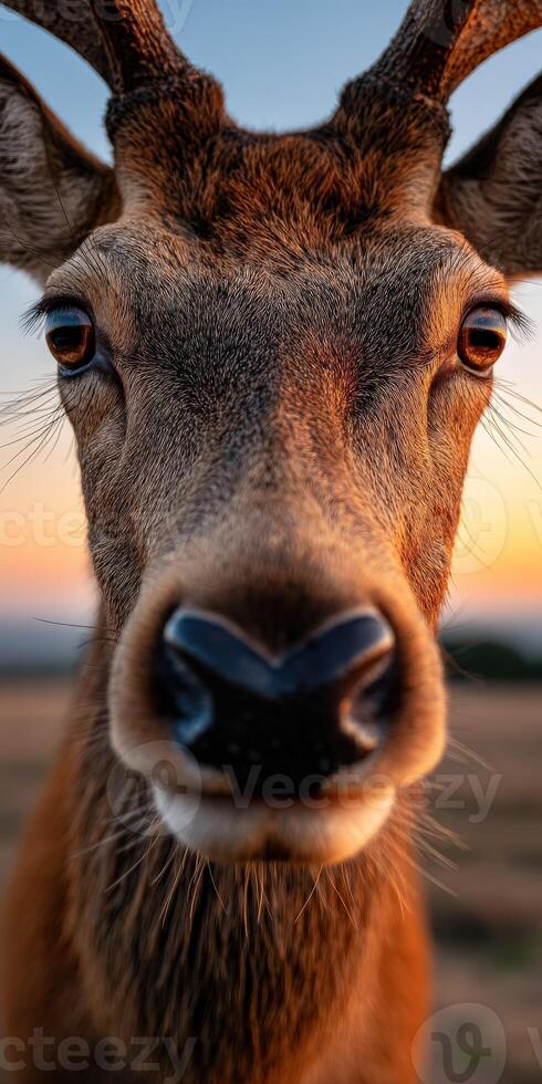 Close-up of a deer with vibrant sunset in the background in nature photo