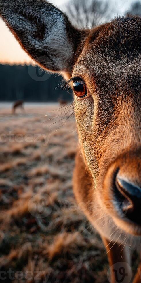 Close-up of a deer at dawn in a misty meadow photo