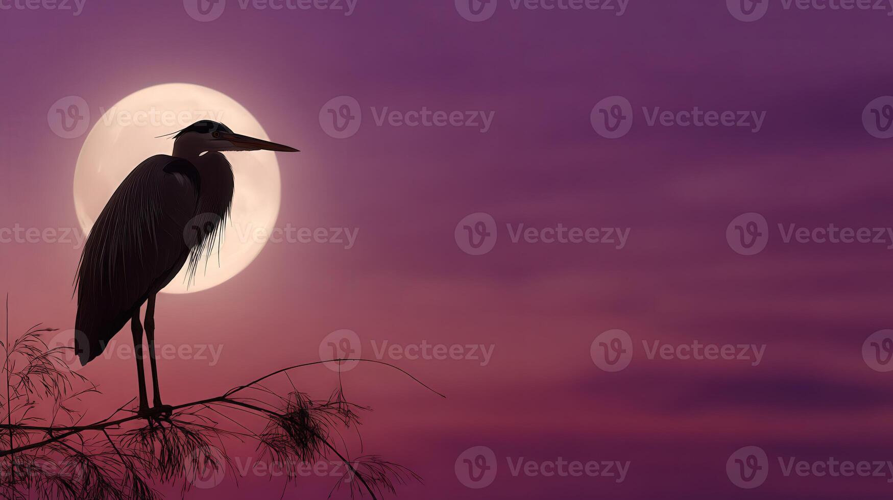 Great blue heron silhouettes against a vibrant sunset with a full moon photo