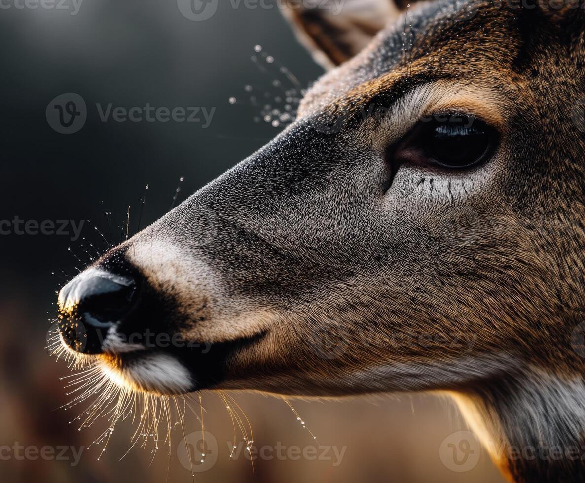 Close-up of a deer in a misty forest during early morning light photo