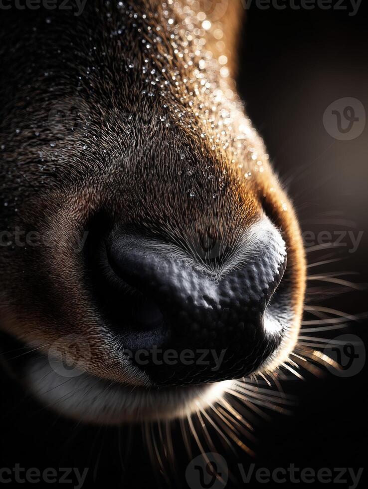 Close-up of a deer nose with water droplets glistening in soft light photo