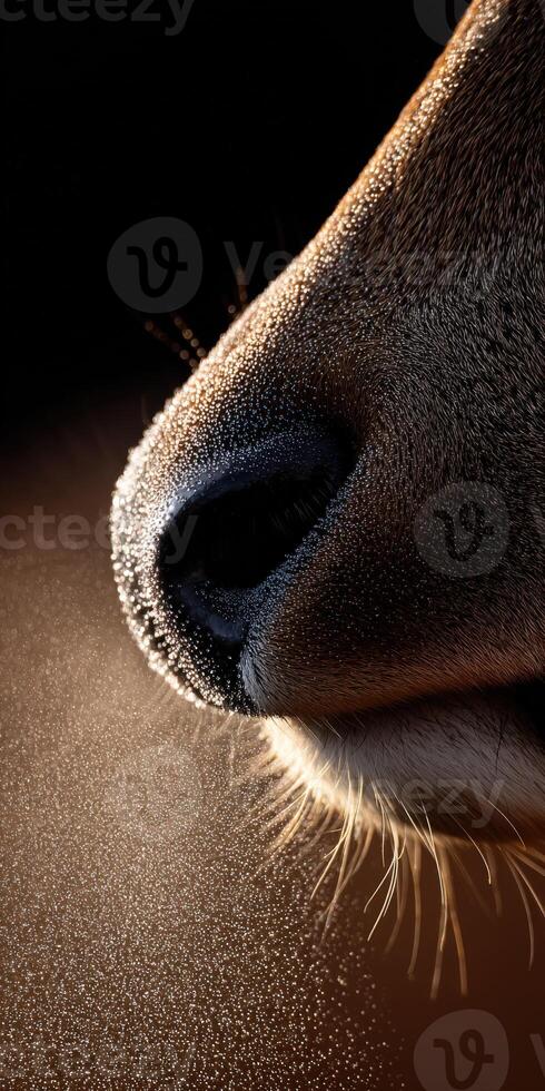 Close up of a cow's nose showing detailed texture and droplets of moisture photo