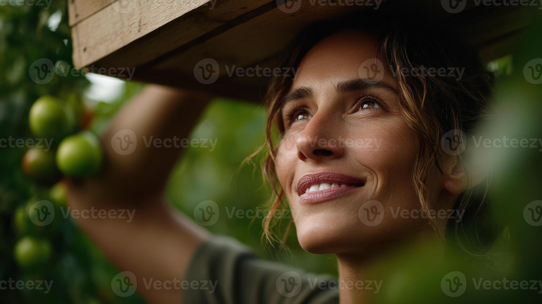 Woman harvesting apples in an orchard during a sunny afternoon photo