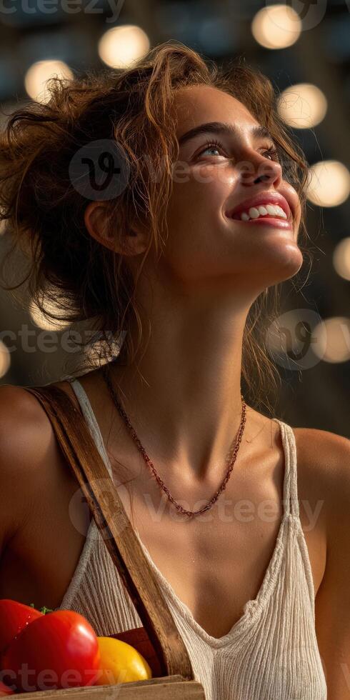 Young woman enjoying a moment of joy under bright lights outdoors photo
