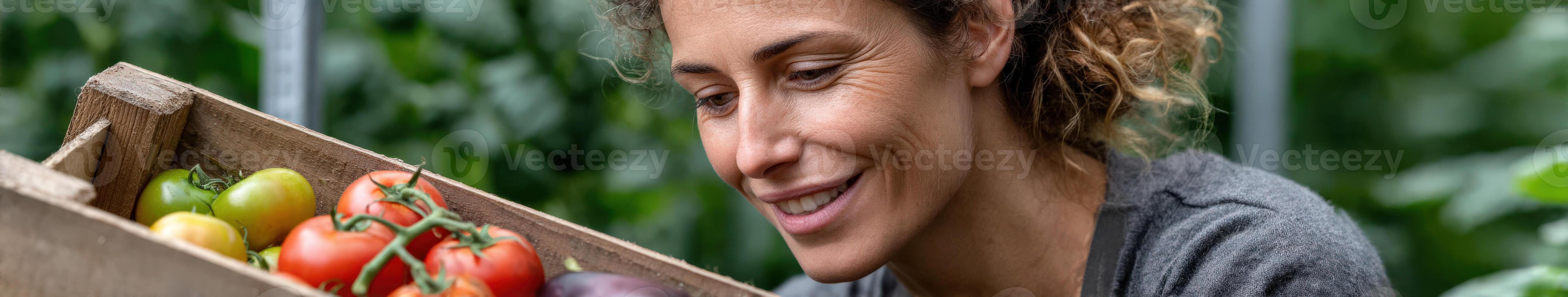 Woman smiles while inspecting freshly harvested vegetables in a garden photo
