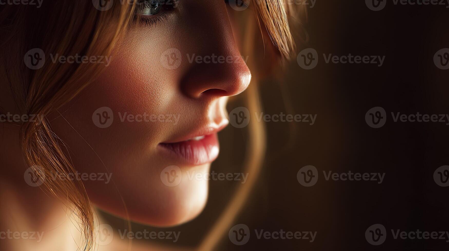 Close-up profile of a young woman with soft lighting showcasing her features photo