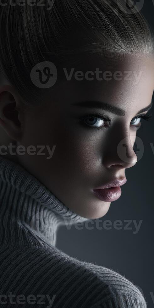 Model poses elegantly with a turtleneck sweater in soft lighting photo