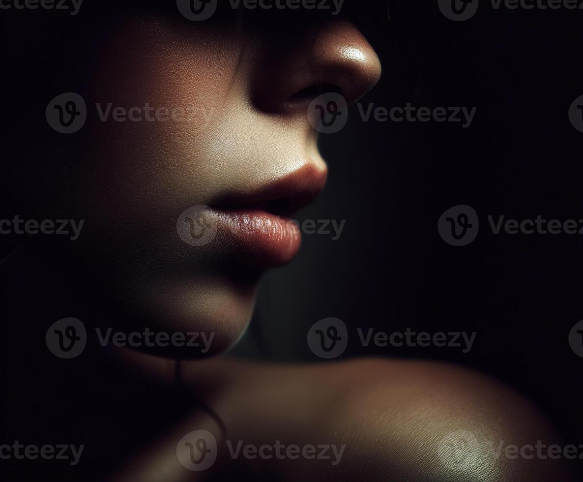 Close-up of a person's lips in dim lighting with subtle skin tones photo