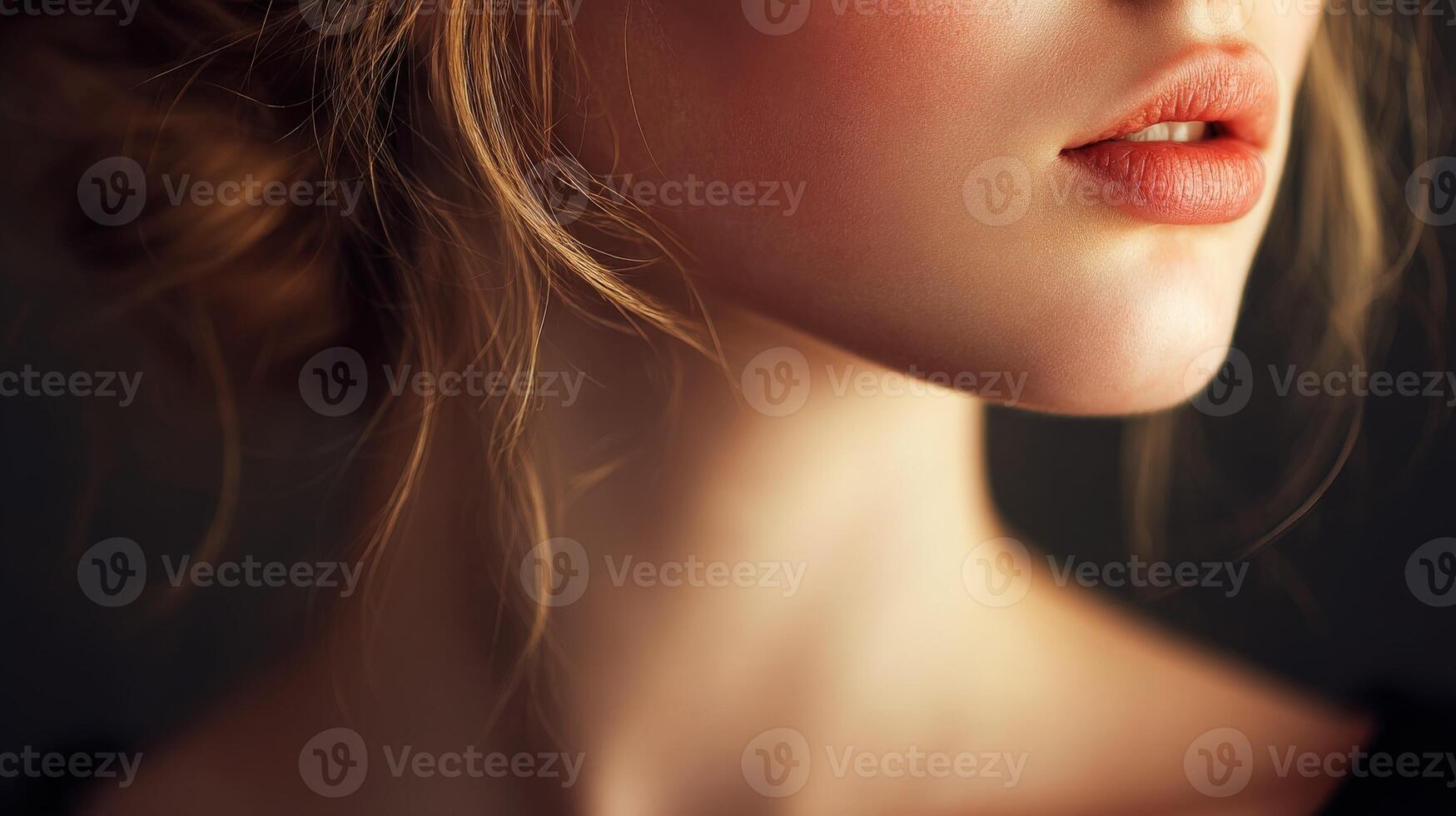 Close-up of a woman's lips and neck in soft light against a dark background photo