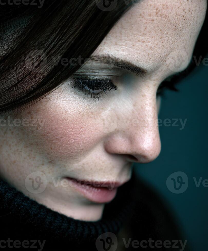 Close-up portrait of a woman with striking features and deep expression photo