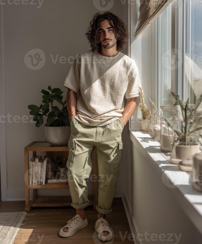 Young man poses casually by a large window in a bright indoor space photo
