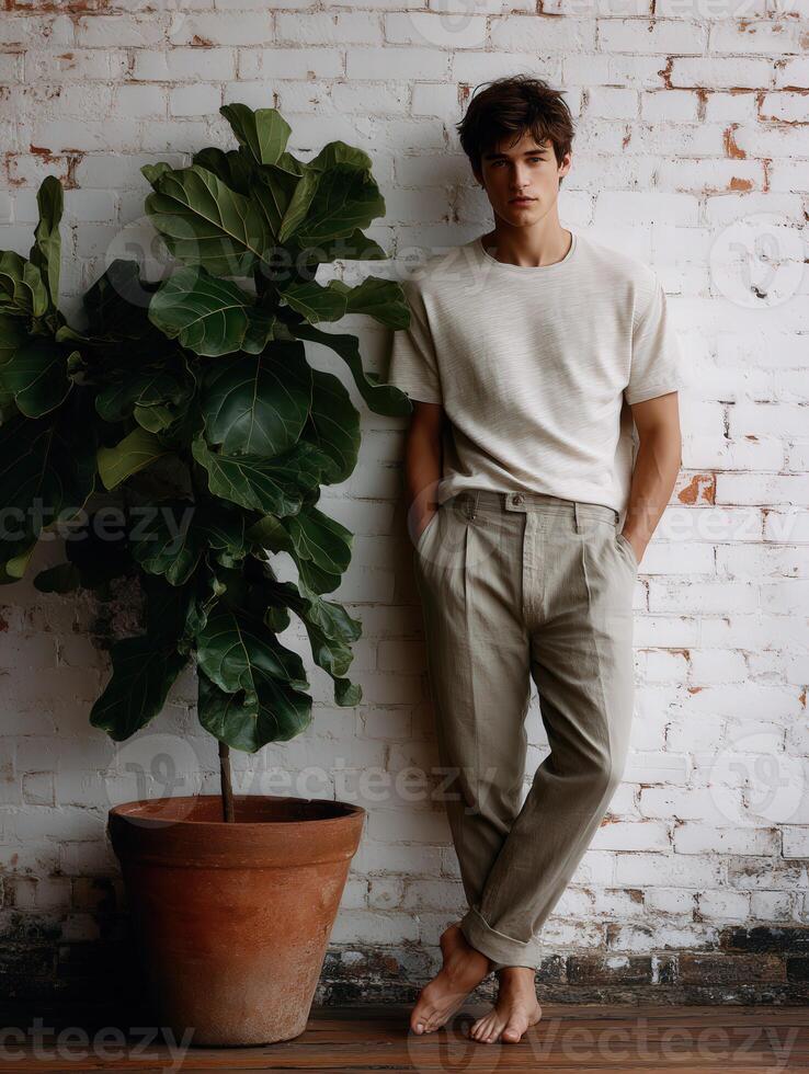 Young man posing casually by a potted plant in a rustic indoor setting photo