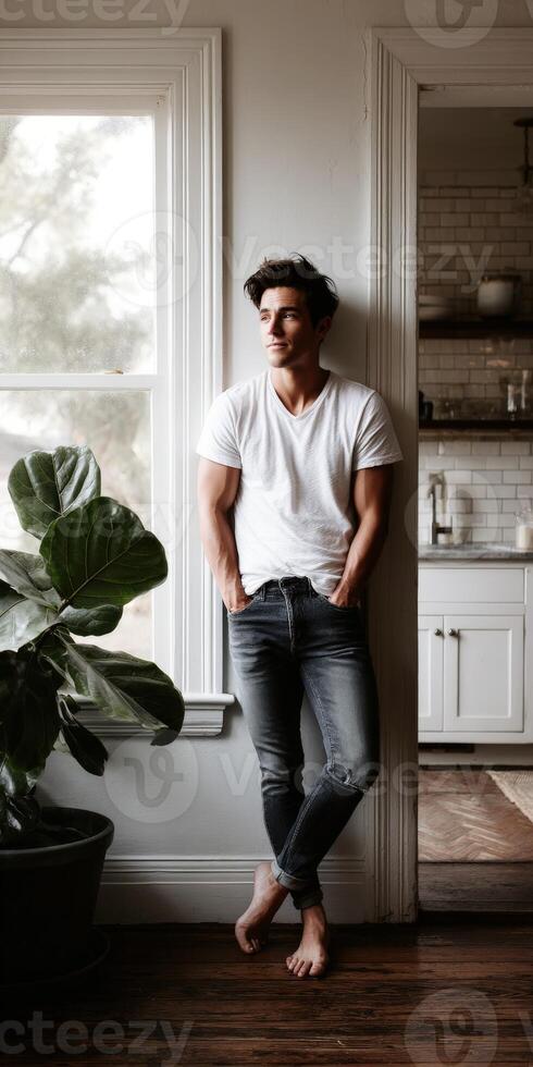 Casual moment in a cozy kitchen with a young man by the window photo