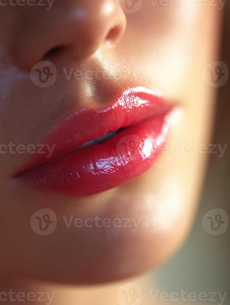 Close-up view of glossy lips highlighting makeup artistry in a natural setting photo