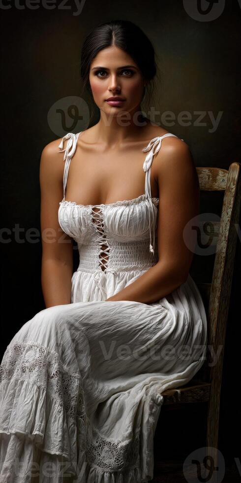 Model sitting gracefully in a white dress against a dark background photo
