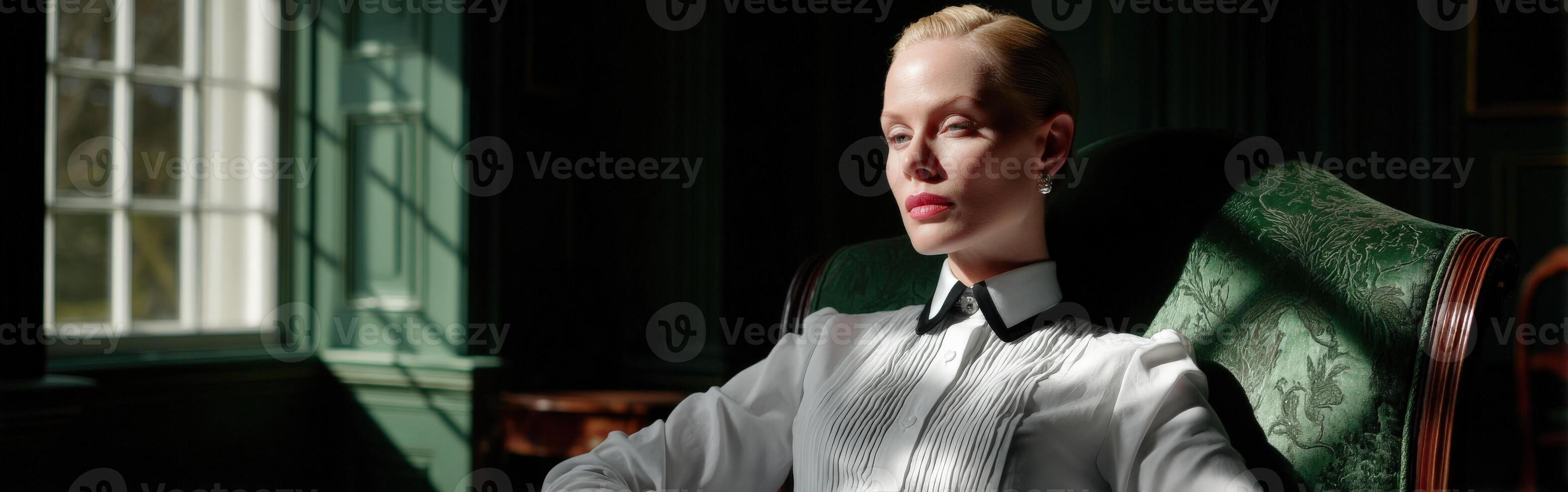 Elegant woman sitting quietly in a well-lit room with classic decor photo