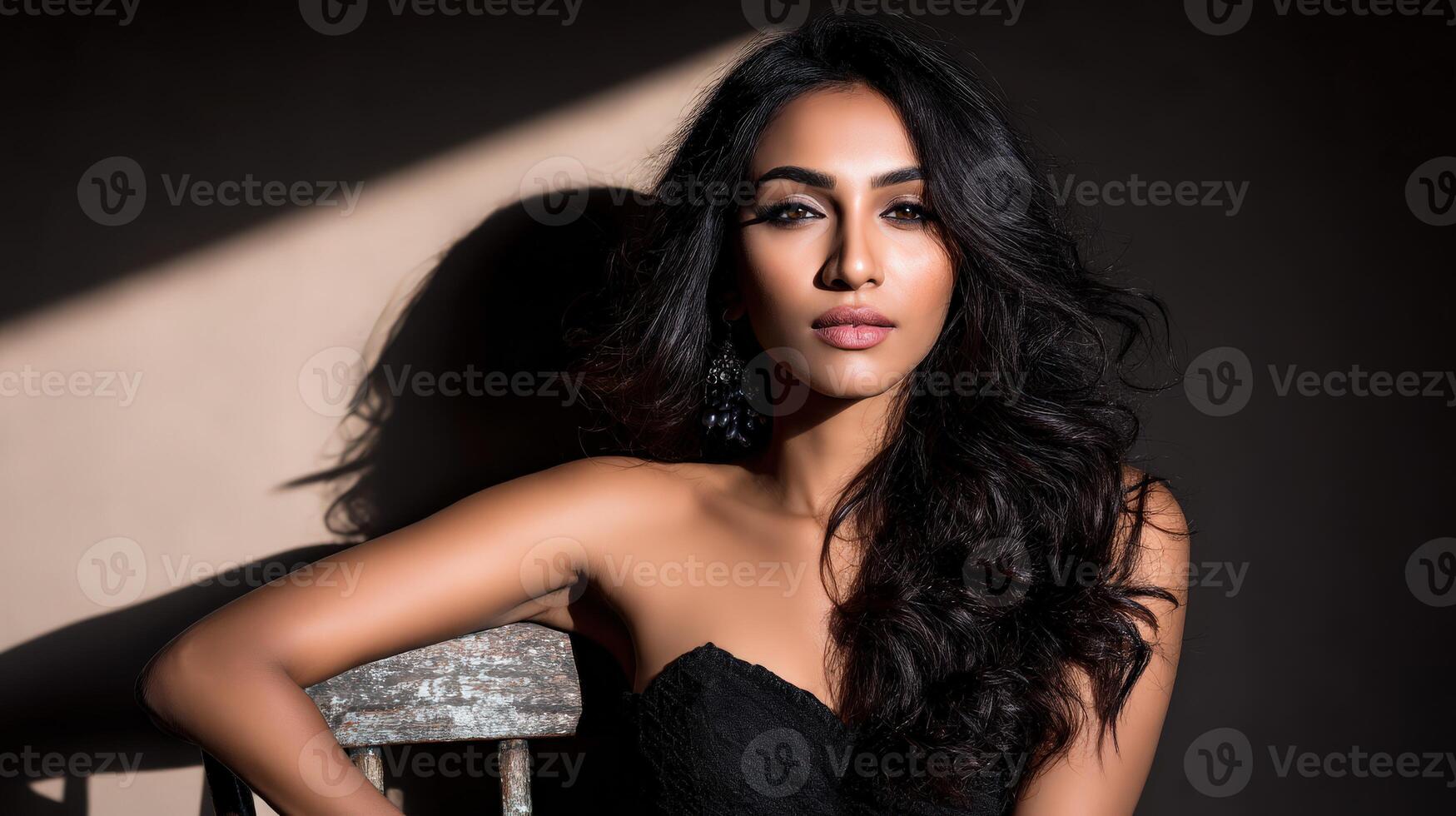 Portrait of a woman with long hair and striking features in soft light photo