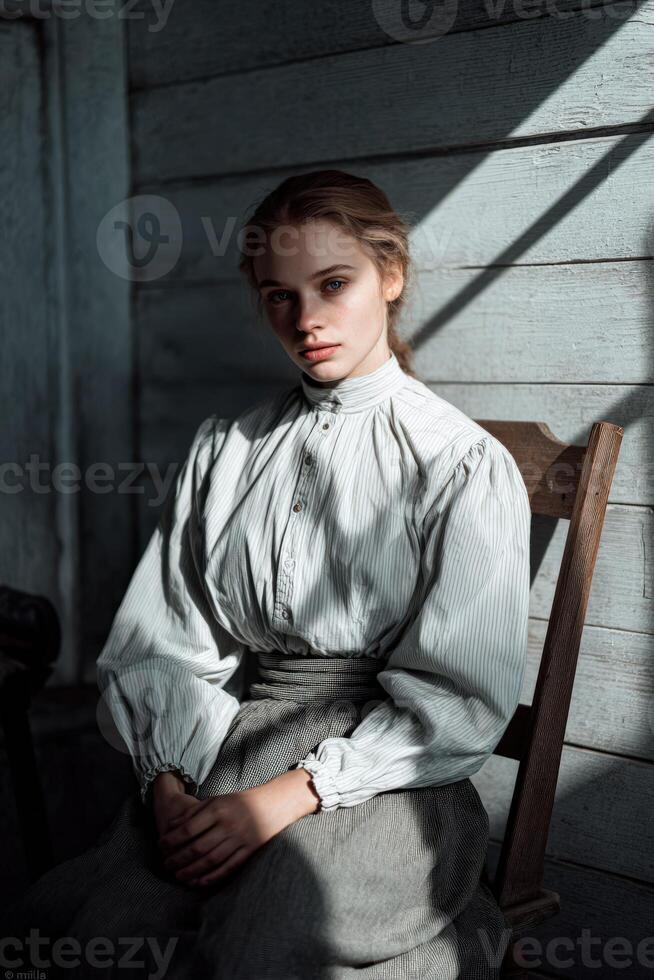 Young woman seated indoors with soft light in a vintage setting photo