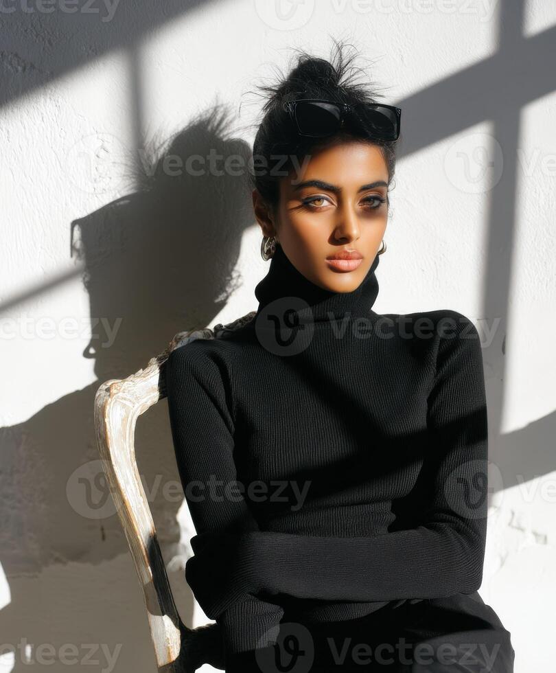 Young woman in black turtleneck sitting on a chair with dramatic shadows photo