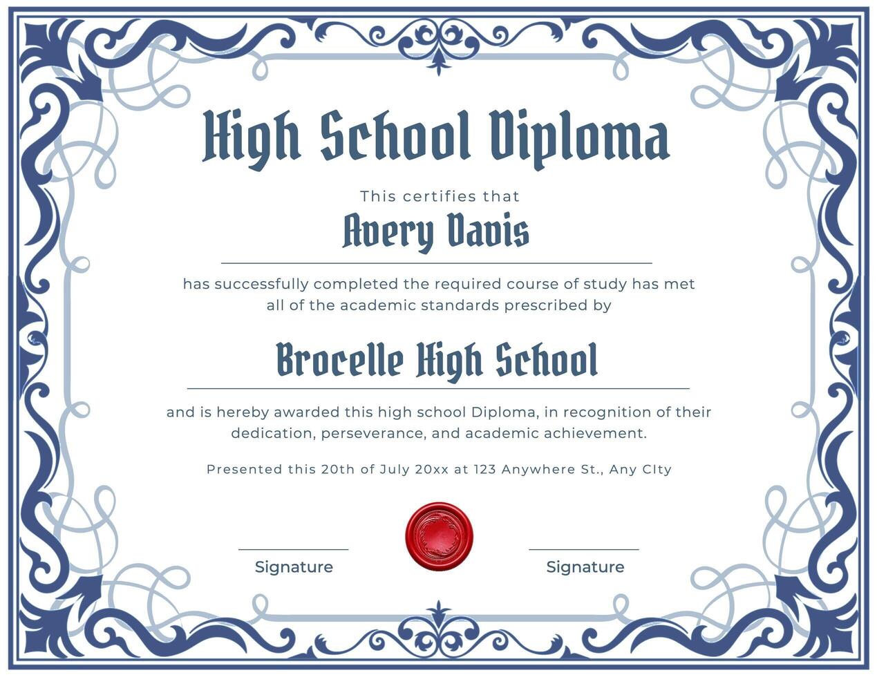 Blue High School Diploma Certificate template