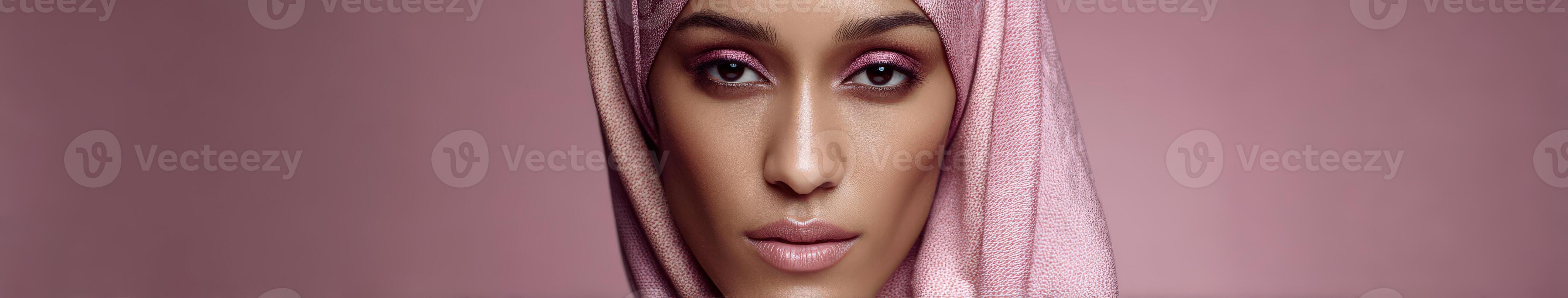 Elegant portrait of a woman in a soft pink headscarf with subtle makeup photo