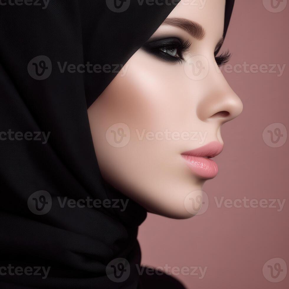 Elegant woman in hijab showcasing beauty and grace in soft lighting photo