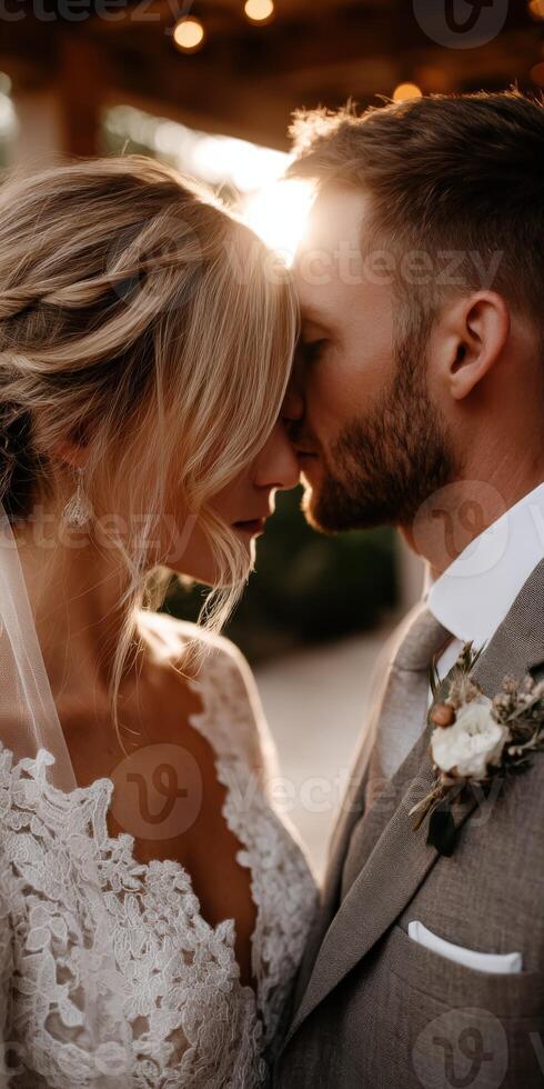 Couple sharing an intimate moment during their wedding ceremony at sunset photo