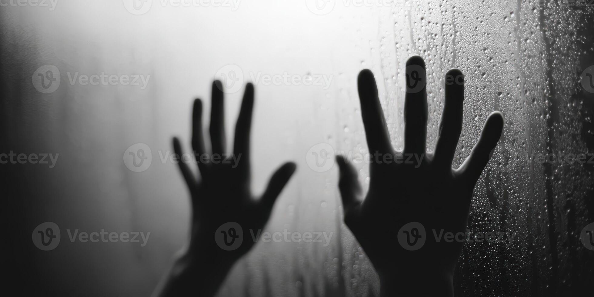 Shadows of hands pressed against a foggy glass in dim light photo