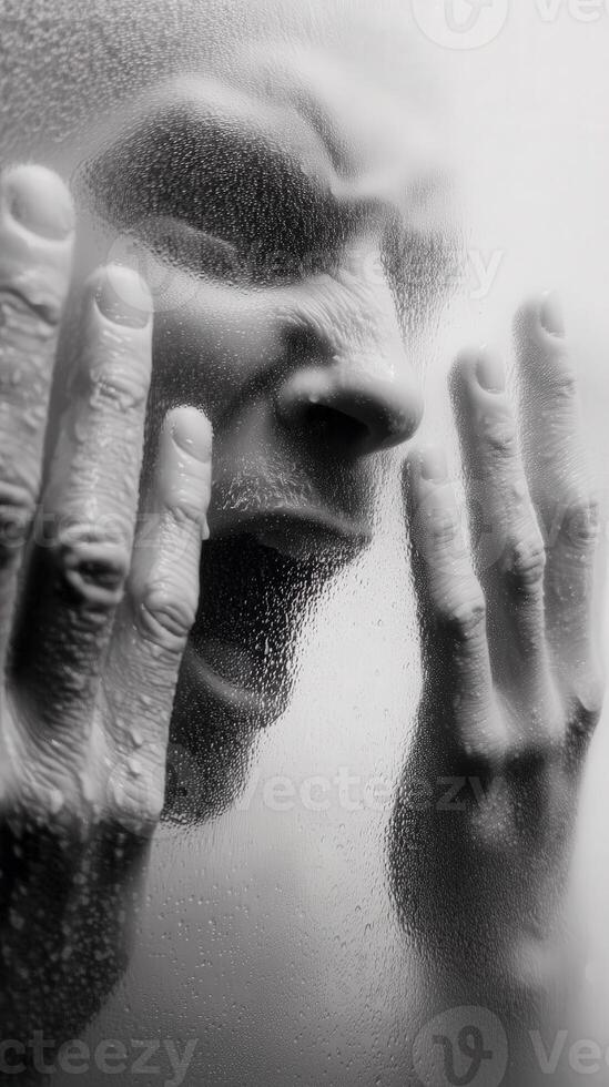 Person expressing emotion behind a foggy surface in a somber atmosphere photo