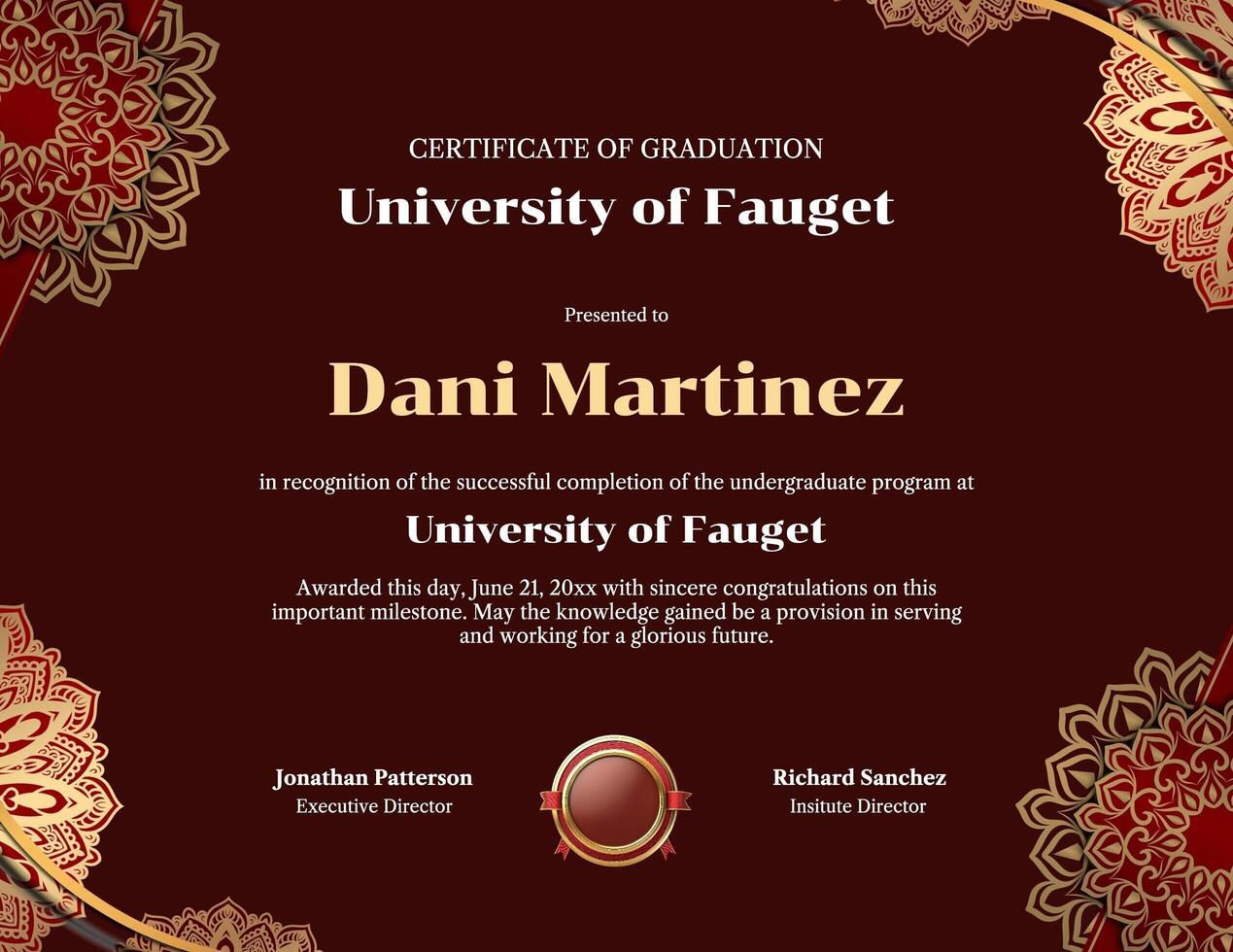 red gold elegant graduation certificate template