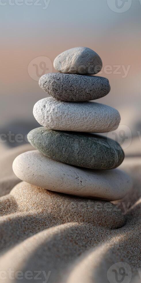 Calm balance of smooth stones stacked on sand at a beach during sunset photo