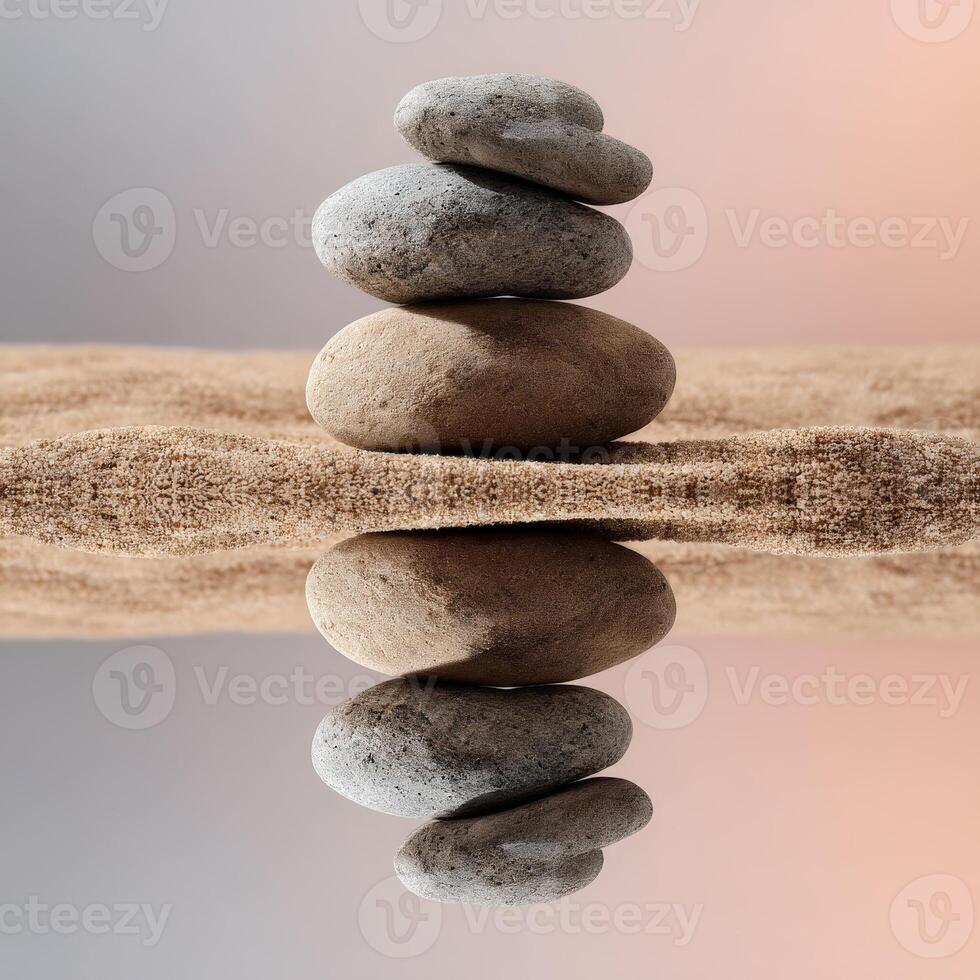 Balanced stones resting on smooth sand with reflection at sunset photo
