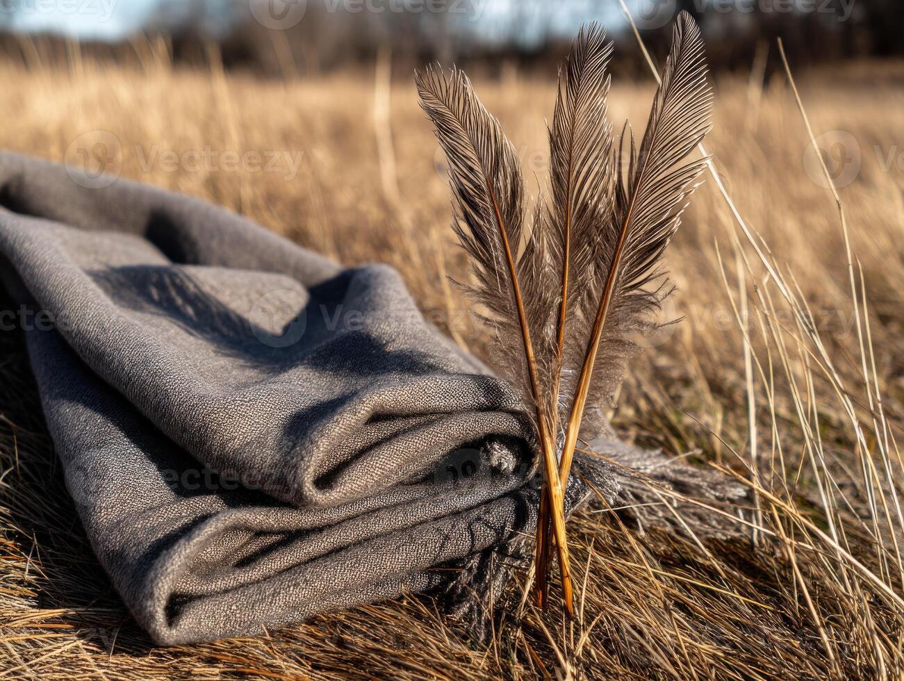 A blanket and a feather laying on top of a field photo