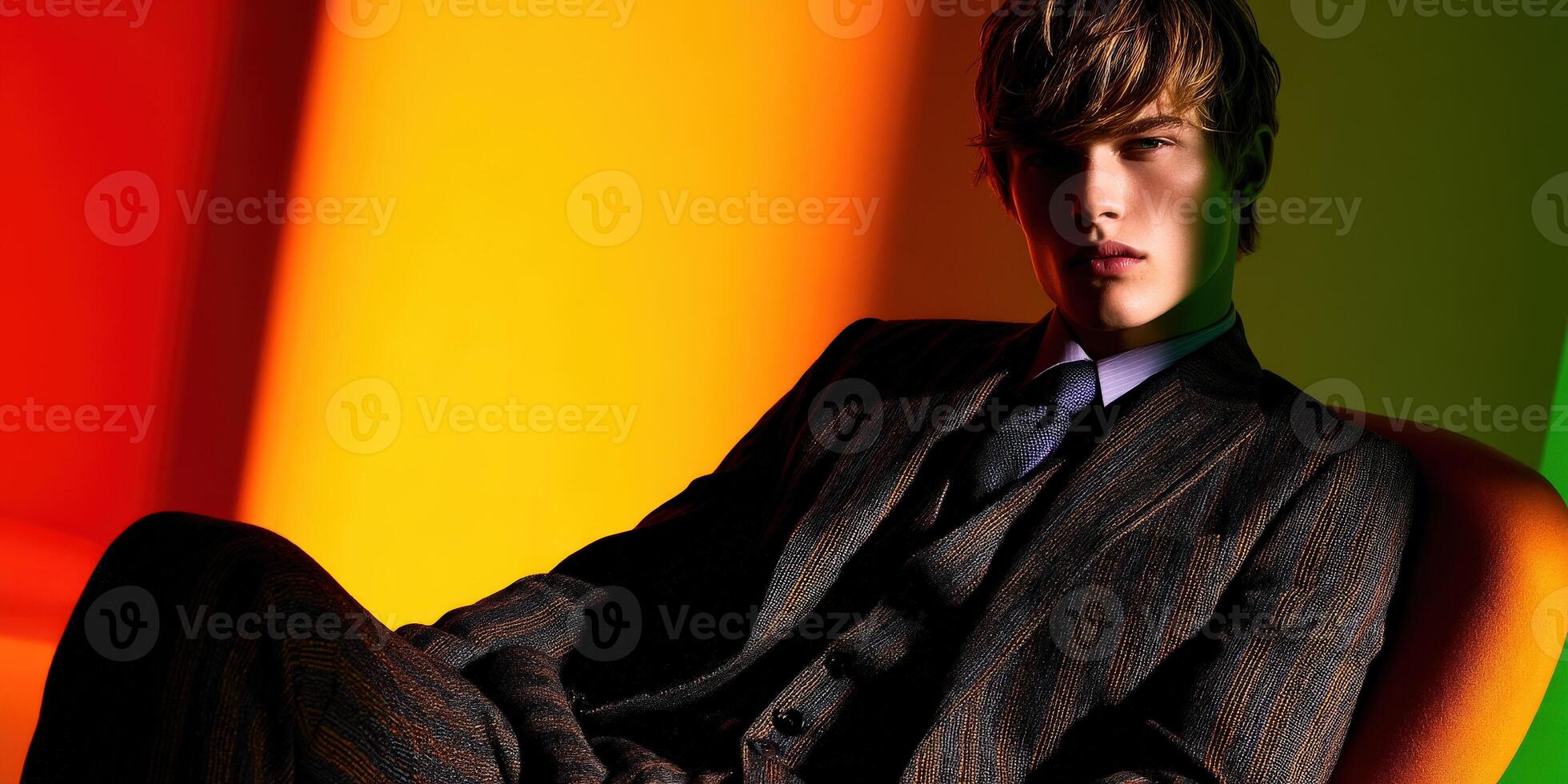 Model poses in stylish suit against colorful background in a studio setting photo